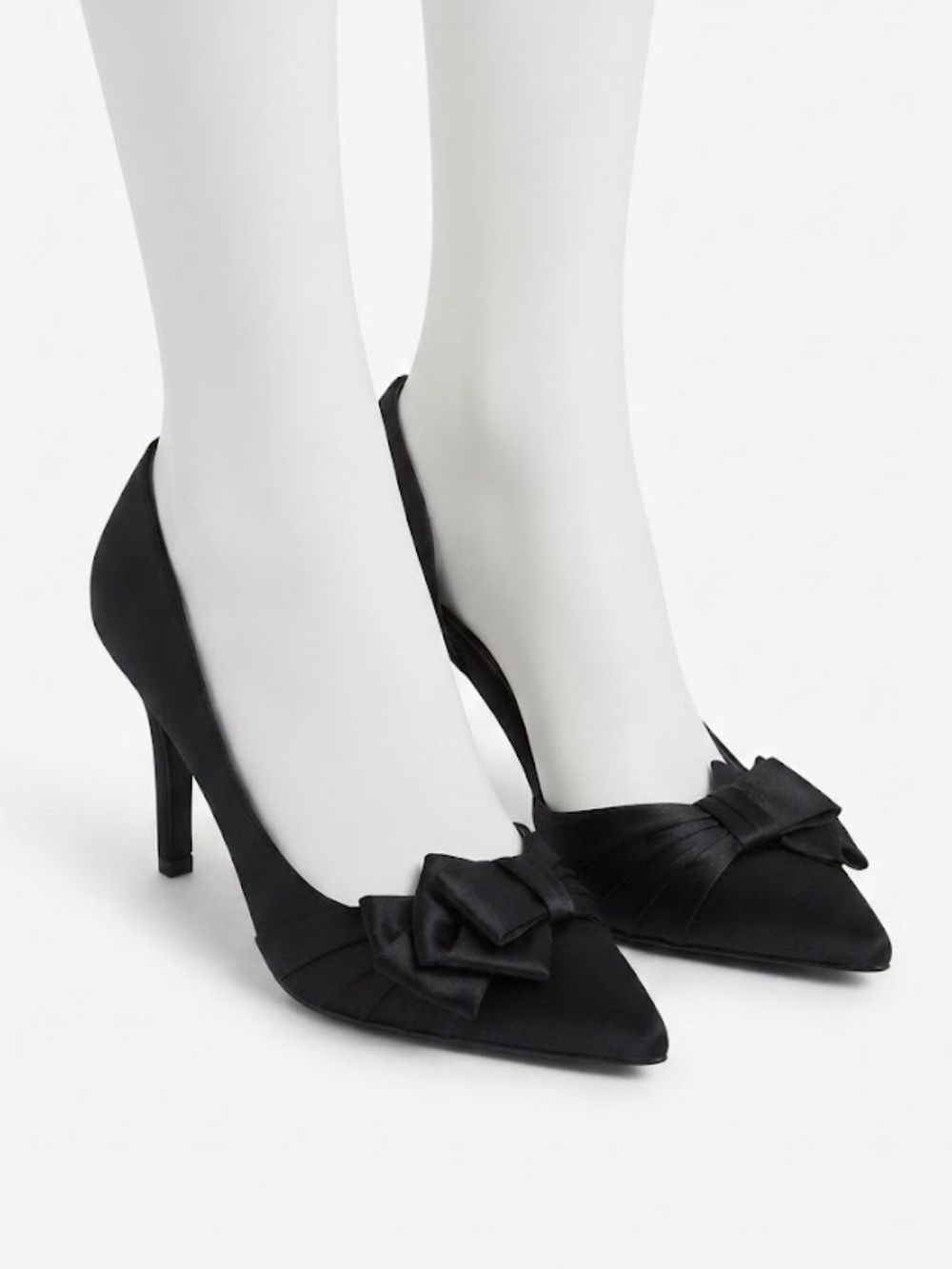 Nina Black Pointed-Toe Bow Satin Pumps